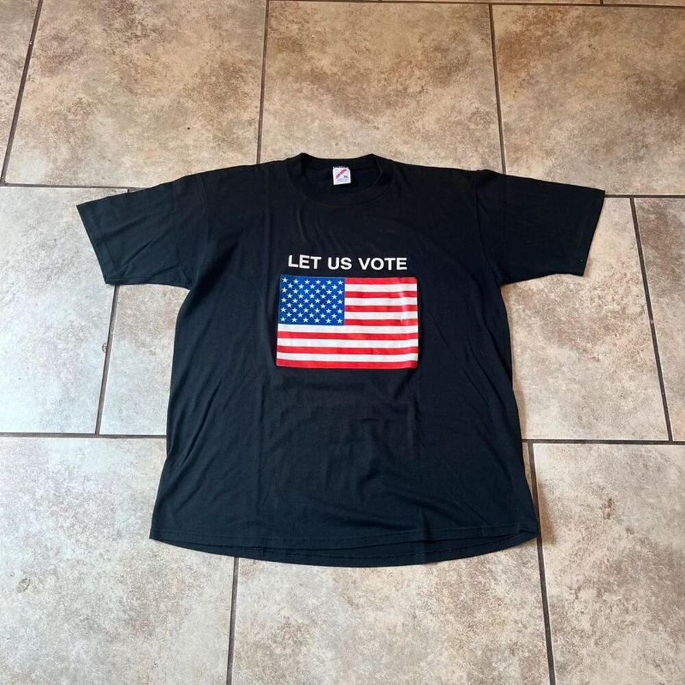 Vintage 90s Jerzees Let Us Vote American Flag T-Shirt Black XL Boxy